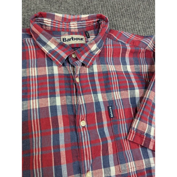 Barbour Shirt Mens Medium Red Blue Plaid Linen Blend SS Button Front Lightweight - Picture 1 of 11